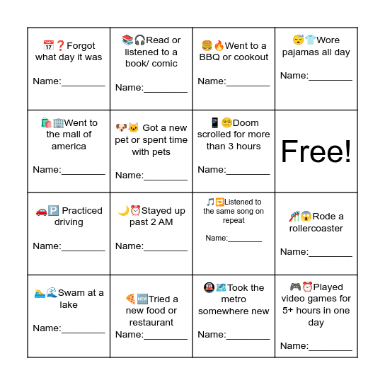 "Find someone who..." Summer edition! Bingo Card