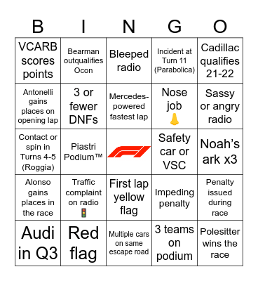 F1 Bingo - Monza 2026 Bingo Card