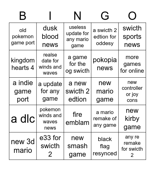 nintedo direct Bingo Card
