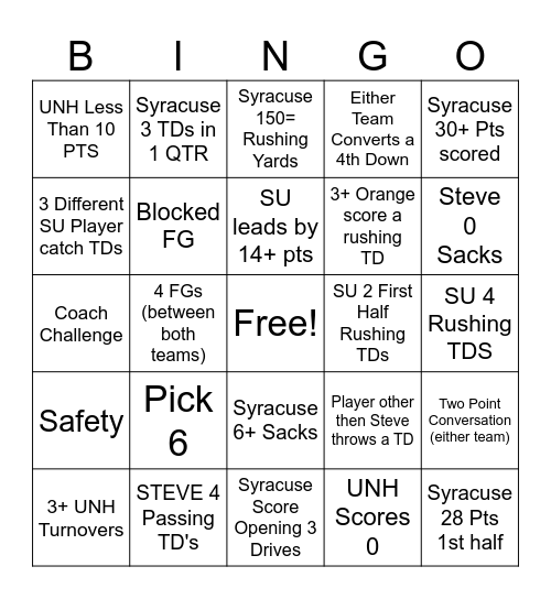 Syracuse VS. UNH Bingo Card