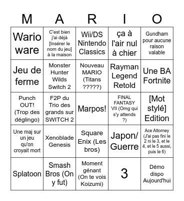 Nintendo Direct 9 septembre 2026 Bingo Card