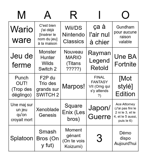 Nintendo Direct 9 septembre 2026 Bingo Card