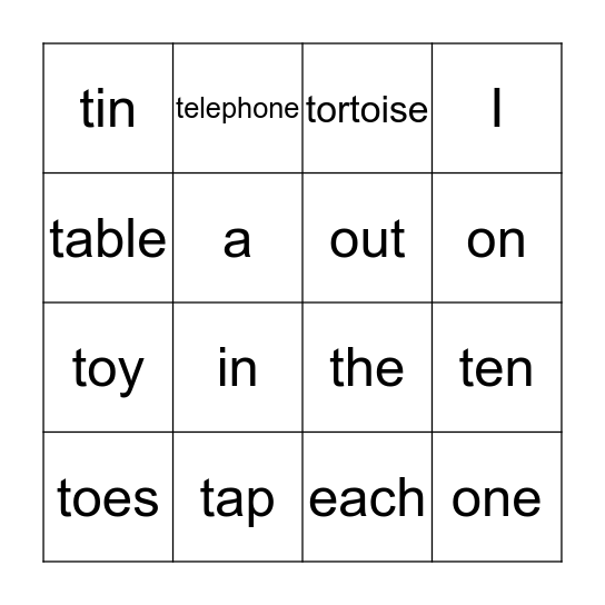 The Letter T Bingo Card