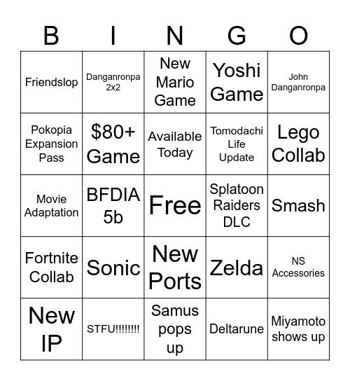 Nintendo Direct 9/9/2026 Bingo Card