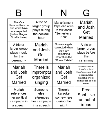 "Other" Mariah's Wedding Bingo Card