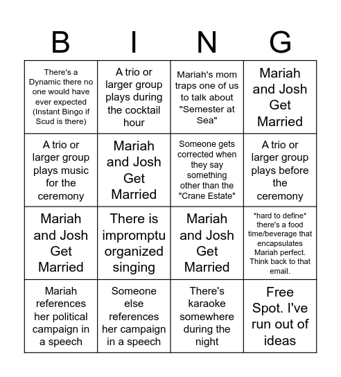 "Other" Mariah's Wedding Bingo Card