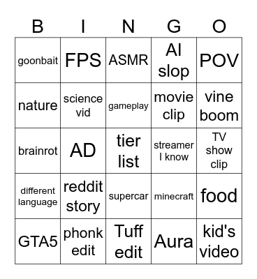 YT shorts bingo Card