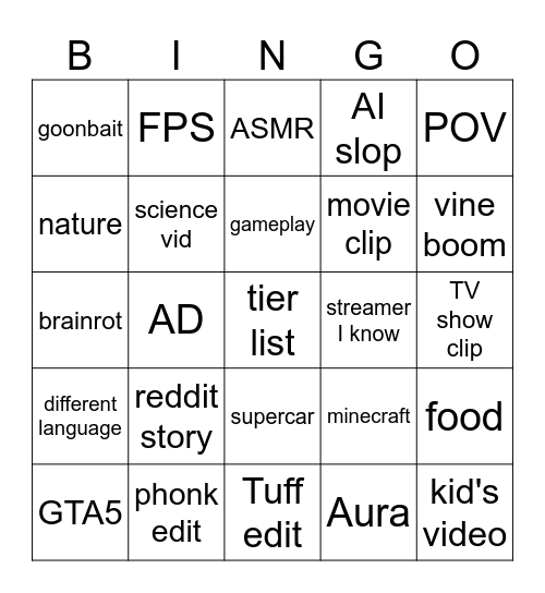 YT shorts bingo Card