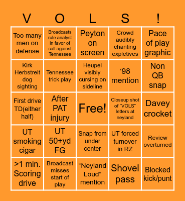 Tennessee Vols Football Bingo Card