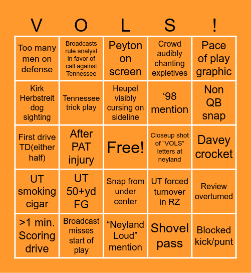 Tennessee Vols Football Bingo Card