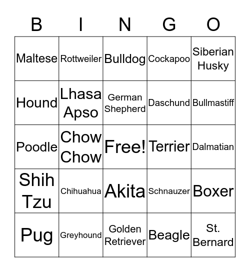 Puppy Bingo Card