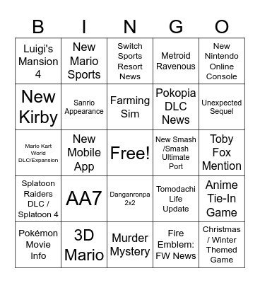 Nintendo Direct!!! Bingo Card