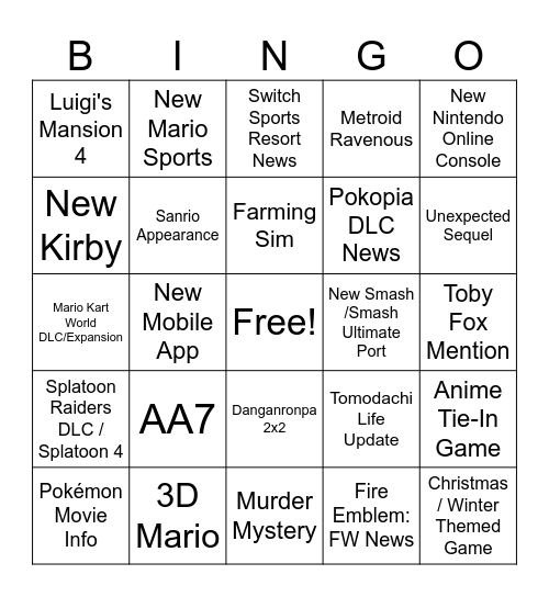 Nintendo Direct!!! Bingo Card