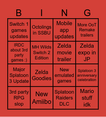 Nintendo direct bingo Card
