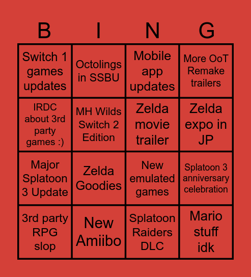 Nintendo direct bingo Card