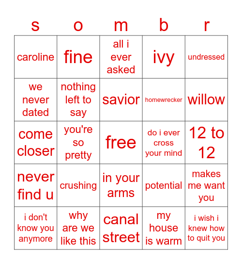 sombrcord bingo Card