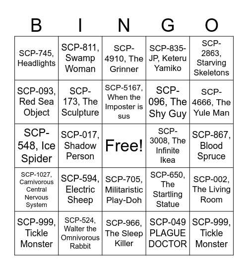 MINECRAFT SCP BINGO Card