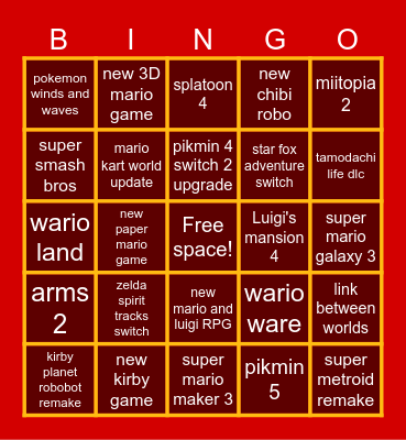 NINTENDO DIRECT Bingo Card