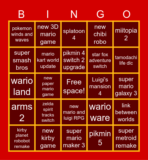 NINTENDO DIRECT Bingo Card