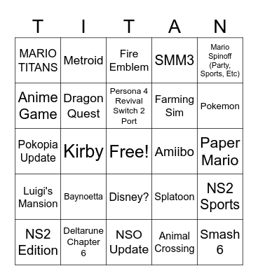 Nintendo Direct 9/9/2026 Bingo Card
