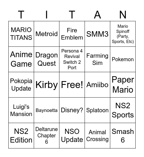Nintendo Direct 9/9/2026 Bingo Card