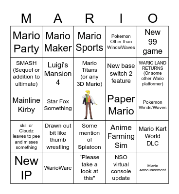 Nintendo Direct Bingo Card