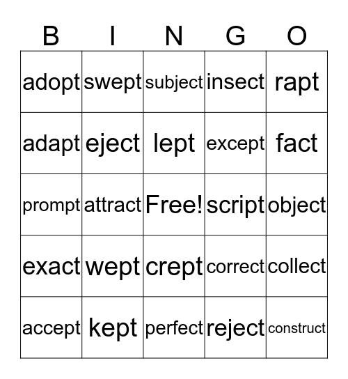 words ending in ct or pt Bingo Card