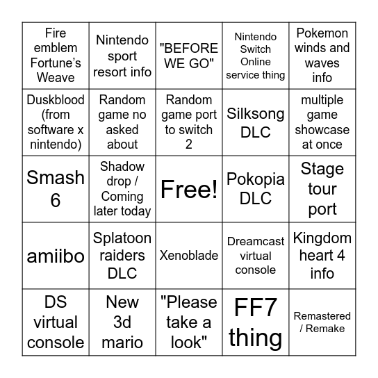 Nintendo direct Bingo Card