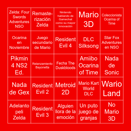 Nintendo Direct Septiembre 2026 Bingo Card