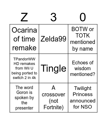 Zelda 30th Direct Bingo Card