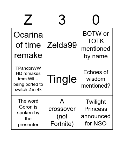Zelda 30th Direct Bingo Card