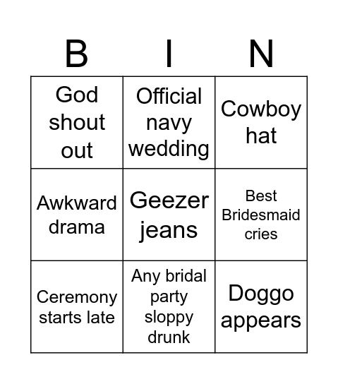Wedding Bingo Card