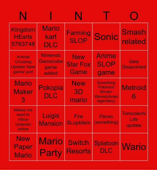 Nintendo Direct Bingo September Bingo Card