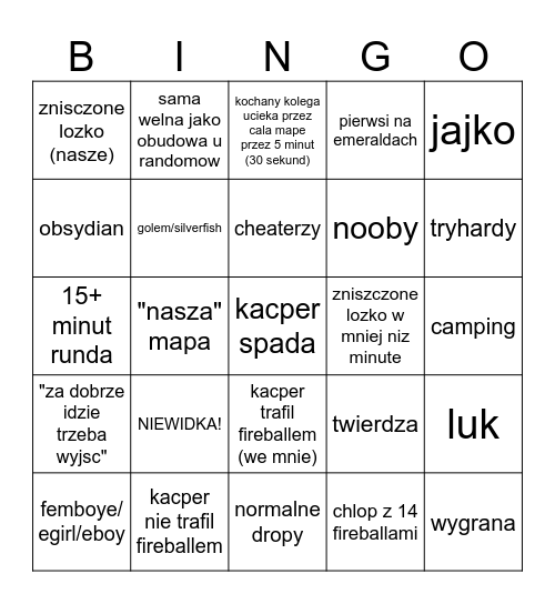 epic bedwars bingo skibidi Bingo Card