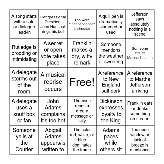 1776 Musical Bingo Card