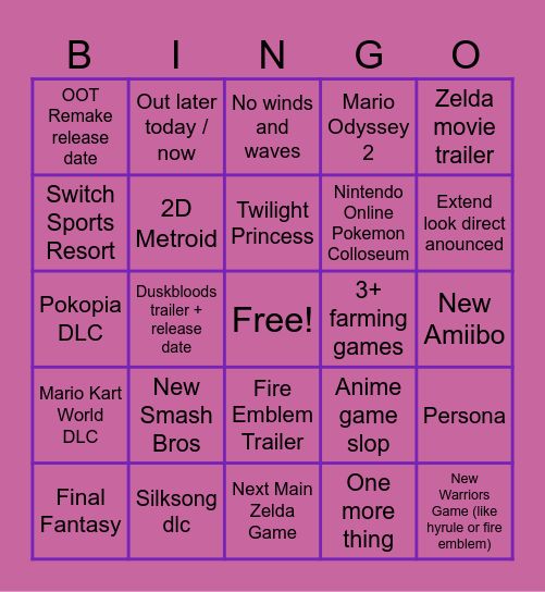 Nintendo Direct Bingo Card