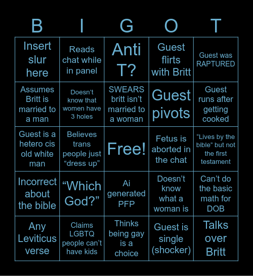 Britt’s Bigot Bingo Card