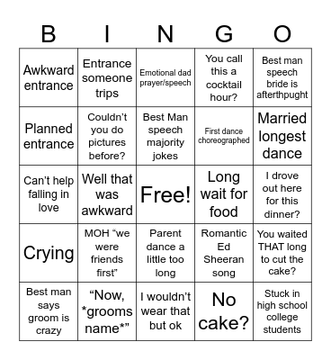 Wedding Reception Bingo Card