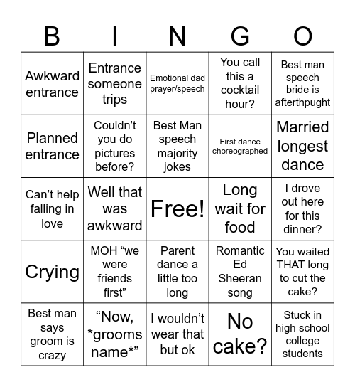 Wedding Reception Bingo Card