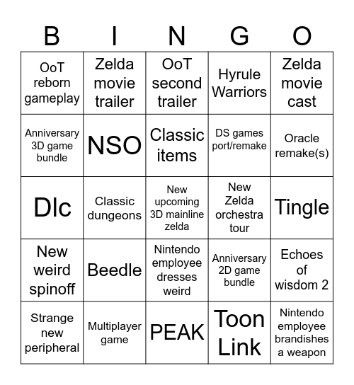 Zelda direct bingo Card
