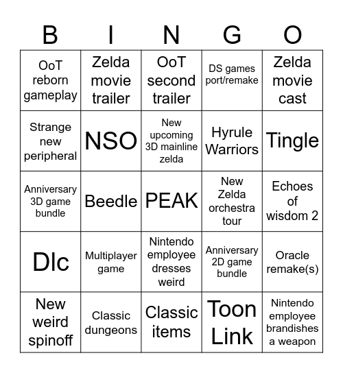 Zelda direct bingo Card