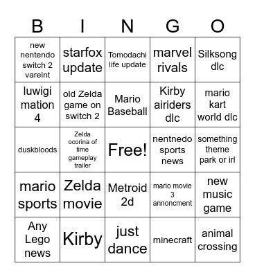 nentendo dirents 8/9 Bingo Card