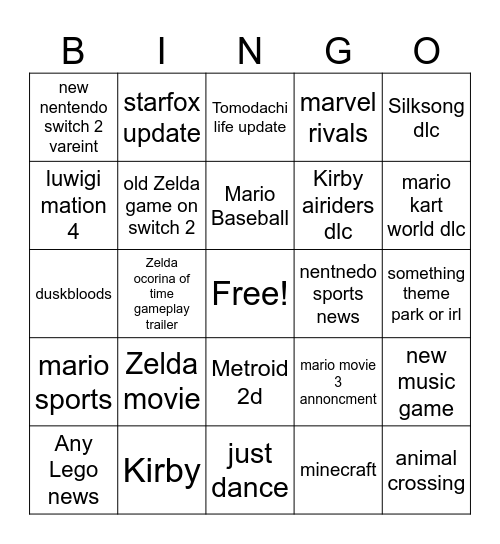 nentendo dirents 8/9 Bingo Card