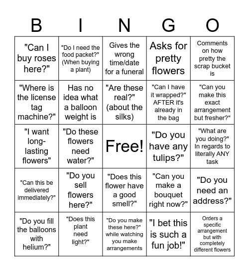 Dumbass Customer Bingo Card