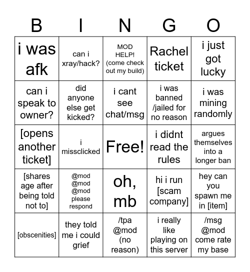 Moderator bingo Card