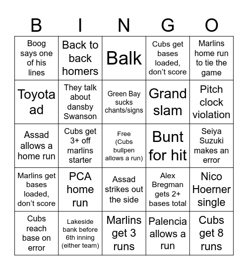 Cubs @ Marlins Bingo Card