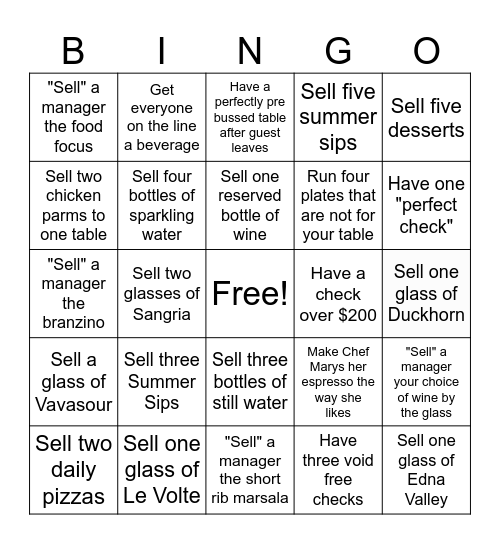 North Italia Saturday Night Bingo! Bingo Card