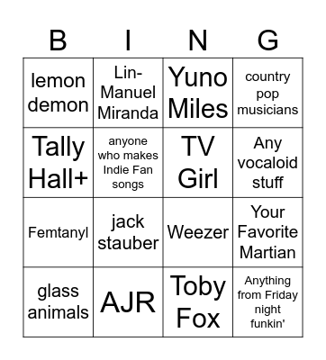 Music Loser Bingo (For Real) Bingo Card