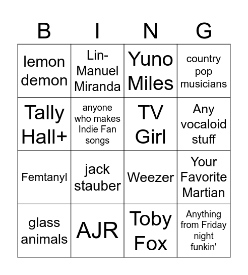 Music Loser Bingo (For Real) Bingo Card