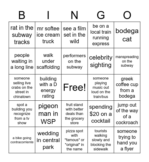ale's nyc bingo Card